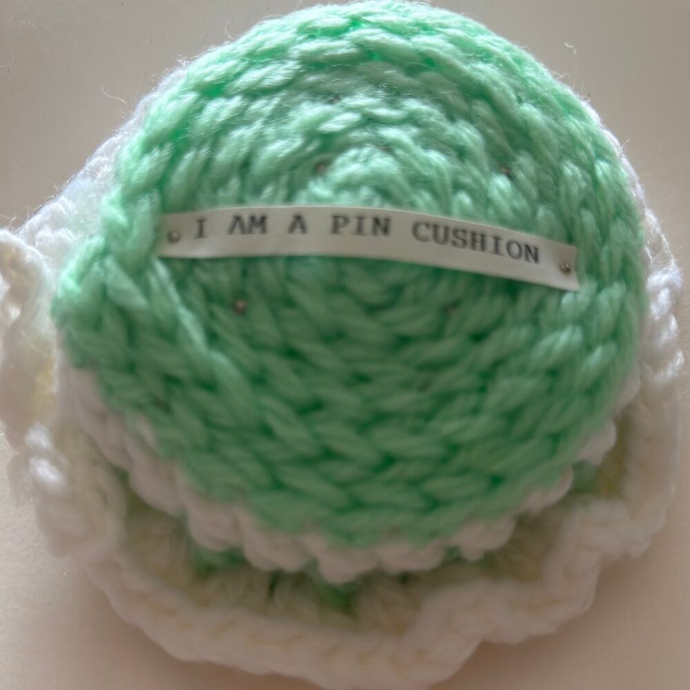 Handmade Crochet “I Am a Pin Cushion” Flower Pin Cushion Green White